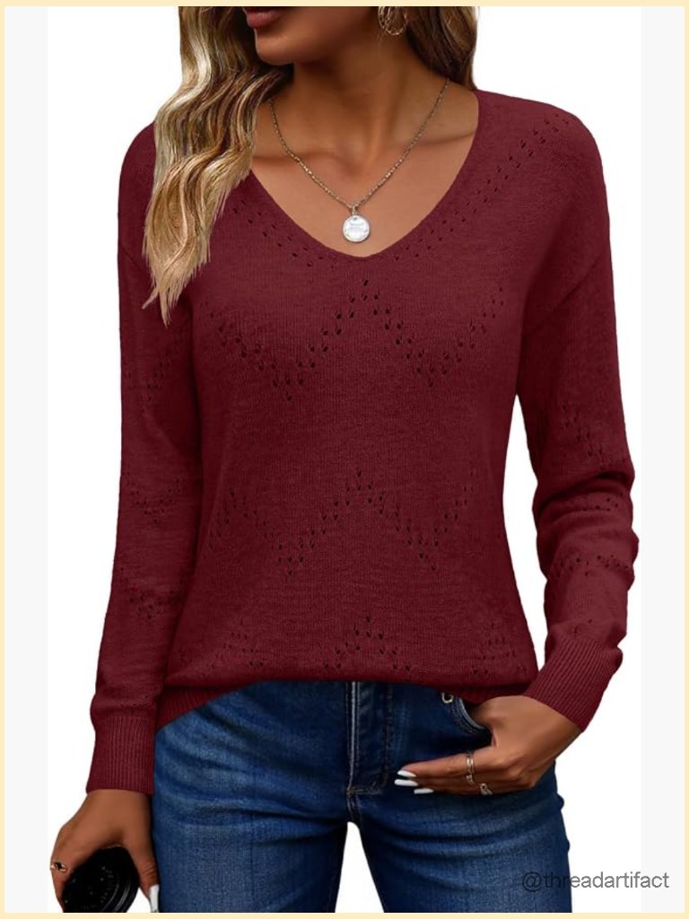 Off Shoulder Crochet Pullover Lightweight V-Neck Long Sleeve Sweater